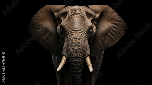 An elephant on a black background, front view