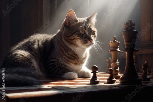 Photo A grayish-brown tomcat lies on a chess board and basks in the afternoon sunshine inside the room