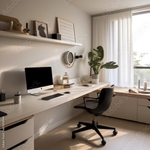  A sleek minimalist workspace with a floating desk   © Sekai