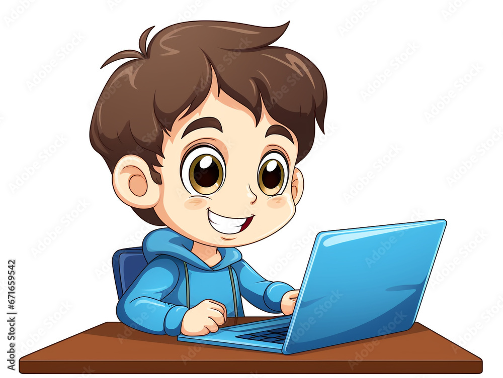 A child learning online against a white background. Using the laptop is looking happy. A child learning online against a white background. Using the laptop is looking happy.