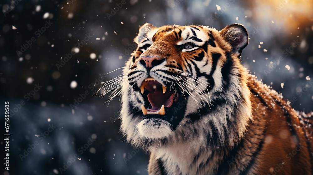 Big siberian tiger roaring against winter snowfall ambience background with space for text, background image, AI generated - obrazy, fototapety, plakaty 