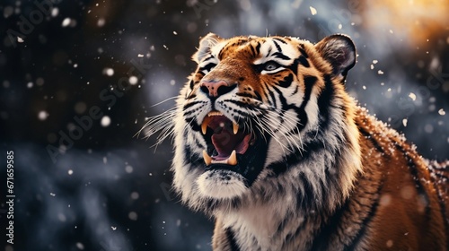 Big siberian tiger roaring against winter snowfall ambience background with space for text, background image, AI generated photo