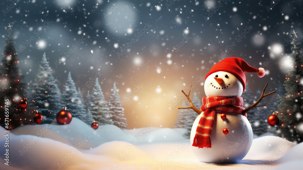 Obraz premium Snowman with scarf, amidst snowy pines, twilight flurry