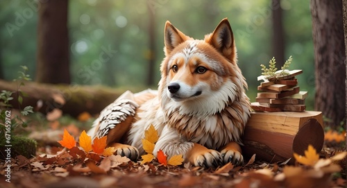beautiful brown fox dog in a jungle forest illustration 