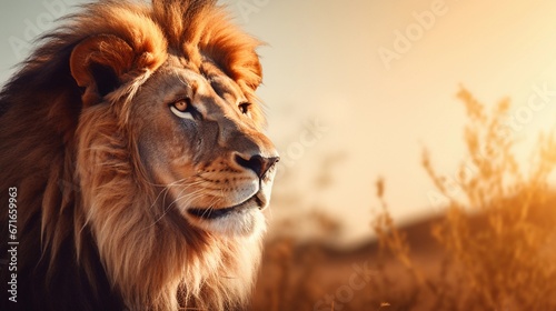 Majestic male Lion against savanna ambience background with space for text, background image, AI generated © Hifzhan Graphics