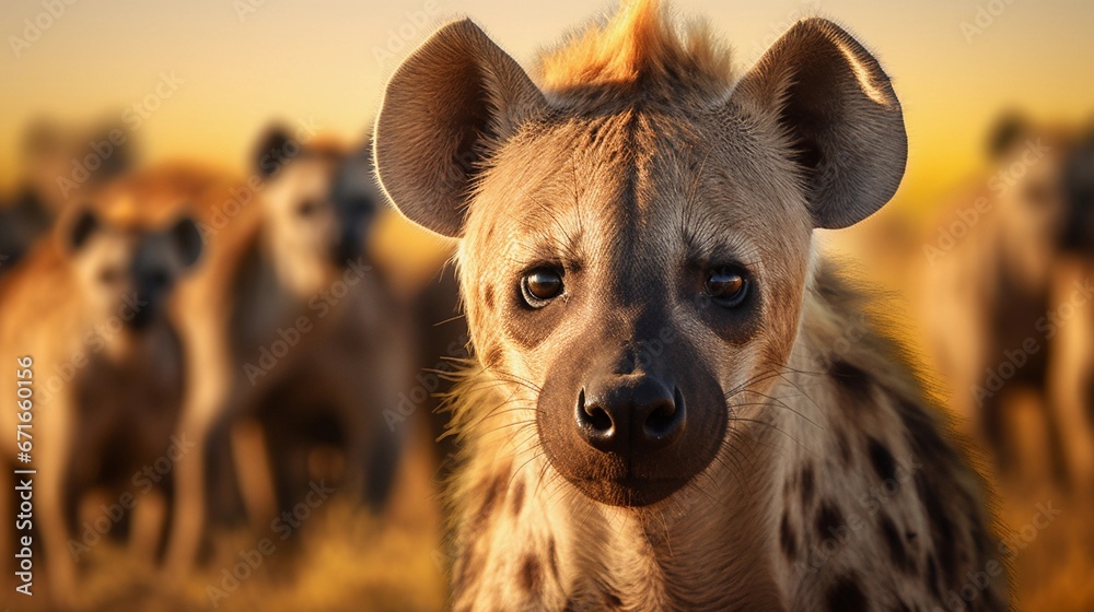 Male Hyena against a herd of Hyenas savanna ambience background with