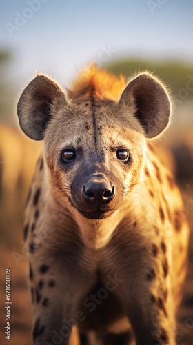 Male Hyena against a herd of Hyenas savanna ambience background with space for text, background image, AI generated