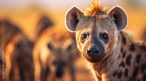 Male Hyena against a herd of Hyenas savanna ambience background with space for text, background image, AI generated