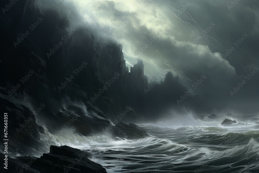 ominous sea with tempestuous waves. Generative AI