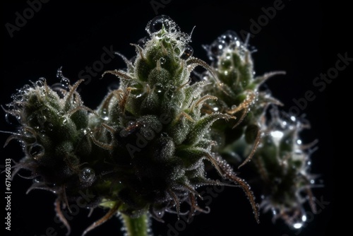 Blooming cannabis buds with visible trichomes. Generative AI