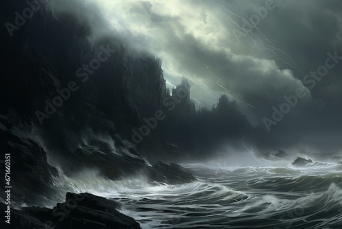 ominous sea with tempestuous waves. Generative AI