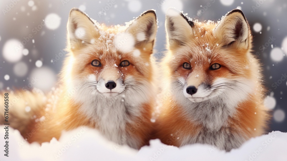 Portrait of a red foxes against white winter snowfall ambience background with space for text, background image, AI generated