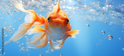 Animals gold fishes pets aquarium freshwater fish background - sweet cute goldfish (cyprinidae) swimming in blue water