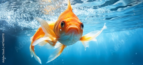 Animals gold fishes pets aquarium freshwater fish background - sweet cute goldfish (cyprinidae) swimming in blue water photo