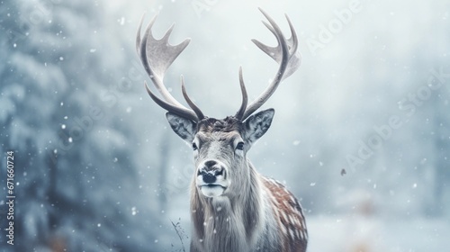 Portrait of a Reindeer against winter snowfall ambience background with space for text, background image, AI generated © Hifzhan Graphics