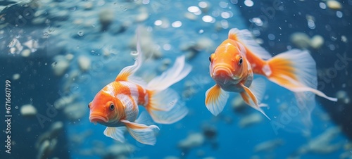 Animals gold fishes pets aquarium freshwater fish background - Two sweet cute goldfishes (cyprinidae) swimming in blue water photo