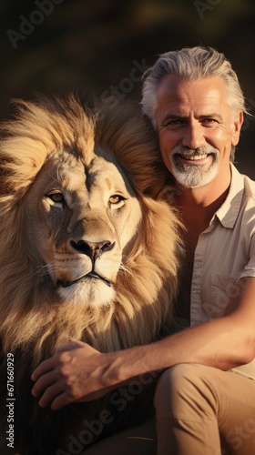 A smiling man posing with a male lion against savanna ambience background  background image  AI generated