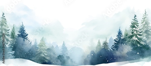Winter holiday scene with blue watercolor wash green plants fir spruce Snow covered hills forest landscape Greeting card invitation flyer or cover print © Vusal