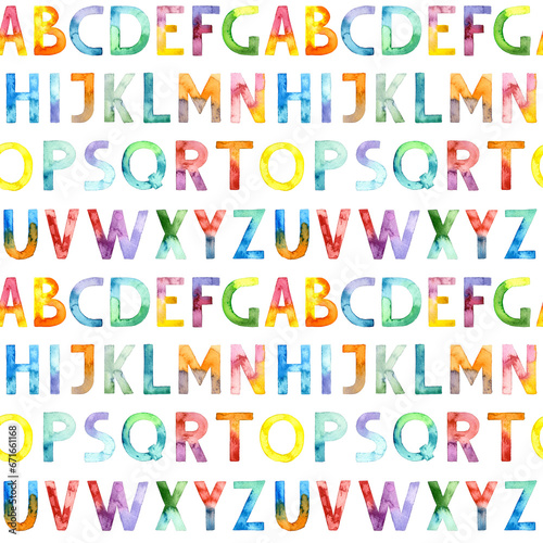 Seamless pattern of ABC letters of the alphabet hand drawn with watercolor. Lettering on white background. For fabric, sketchbook, wallpaper, wrapping paper.