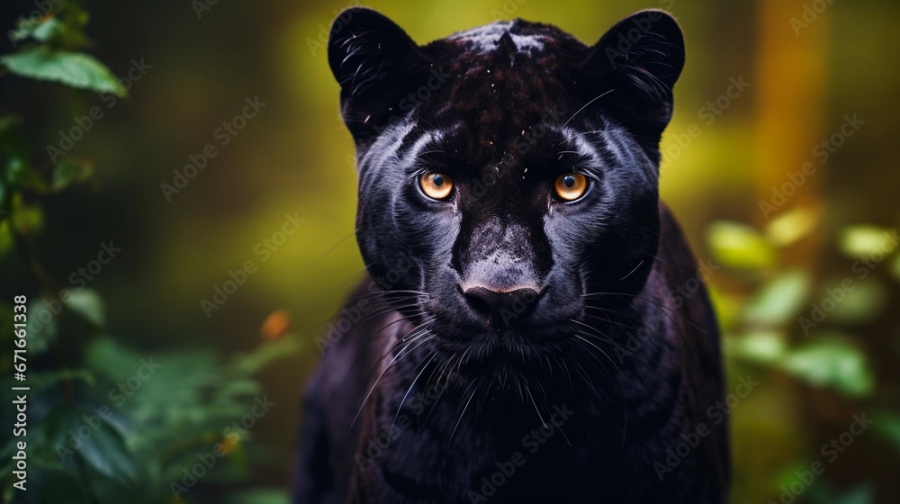 Portrait of a big male black panther against forest ambience background with space for text, background image, AI generated