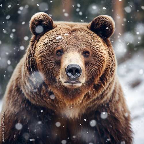 Big brown bear against winter snowfall ambience background with space for text, background image, AI generated
