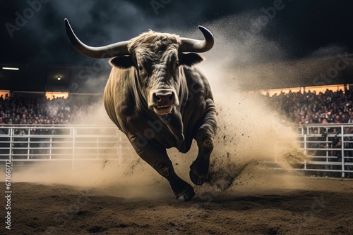 epic powerful bull in motion charging at the rodeo arena at night show