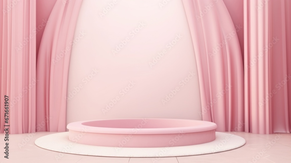 Pink podium with beautiful pink curtains in backdrop, Premium showcase mockup template for Beauty, Cosmetic, Luxury products, with copy space for text Pink podium with beautiful pink curtains in backdrop, Premium showcase mockup template for Beauty, Cosmetic, Luxury products, with copy space for text