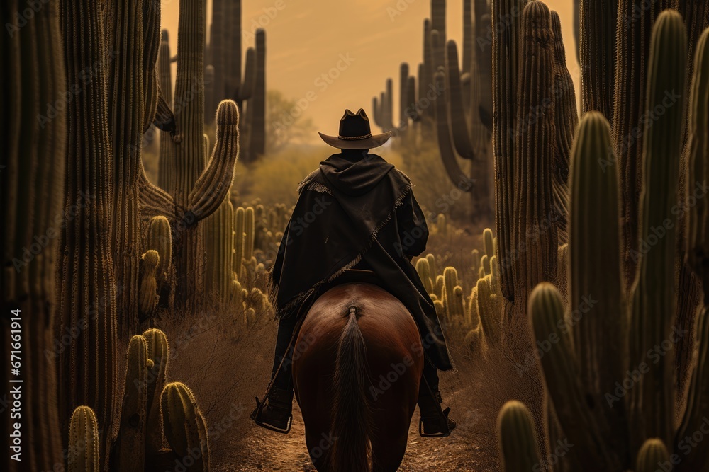 cowboy rides a horse through a cactus field - obrazy, fototapety, plakaty 