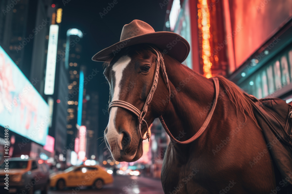 horse in cowboy hat in modern city at night