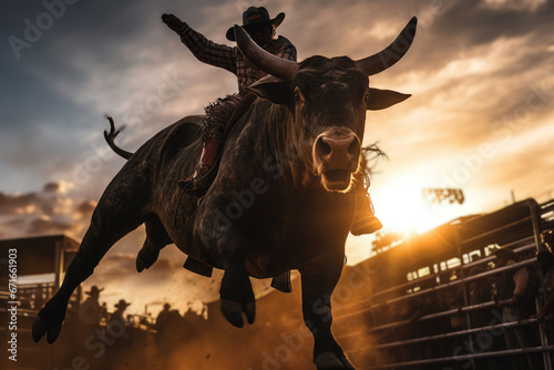 Bucking action during the bull riding competition at a rodeo