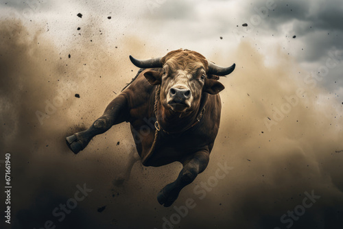 Powerful Bull Charging Through Dust Clouds in motion