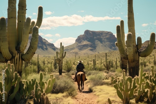 Cowboy on Horseback in the Desert with cactuses and rocky mountains landscape