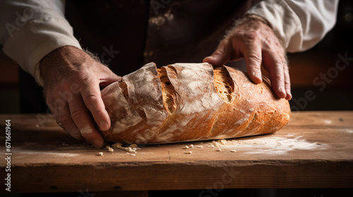 Baker's Hands Holding Freshly Baked Artisan Bread on Wooden Surface