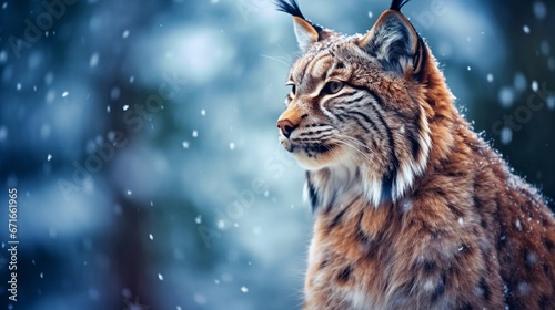 Portrait of a big male Lynx against winter snowfall ambience background with space for text, background image, AI generated photo