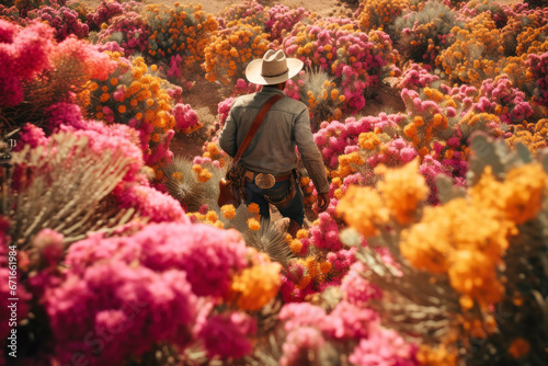 Cowboy walking through a field of wildflowers