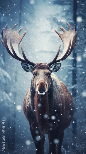 Big male Moose against winter snowfall ambience background with space for text, background image, AI generated
