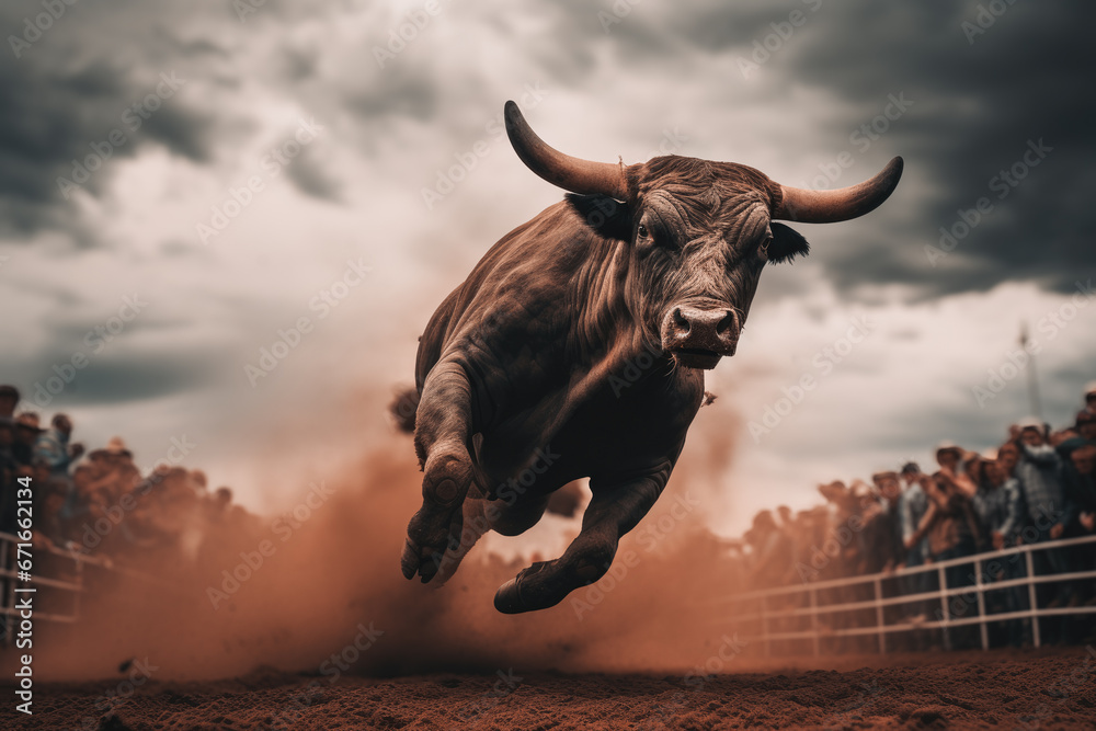 Strength and Fury, An Angry Bull Running in a Rodeo Arena