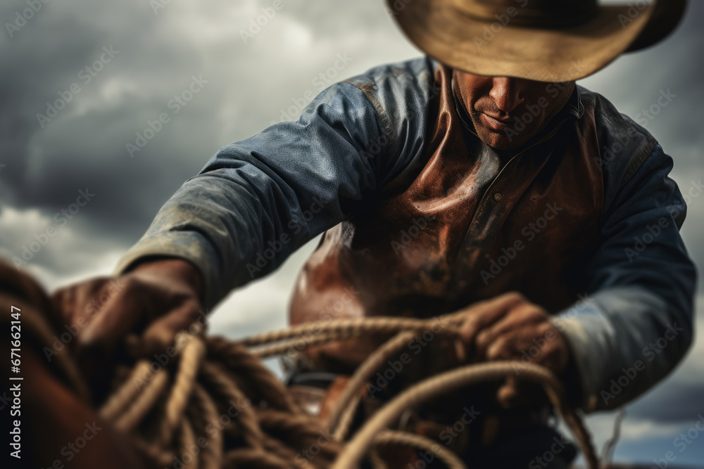 Obraz premium close up cowboy holding a lasso rope in hands