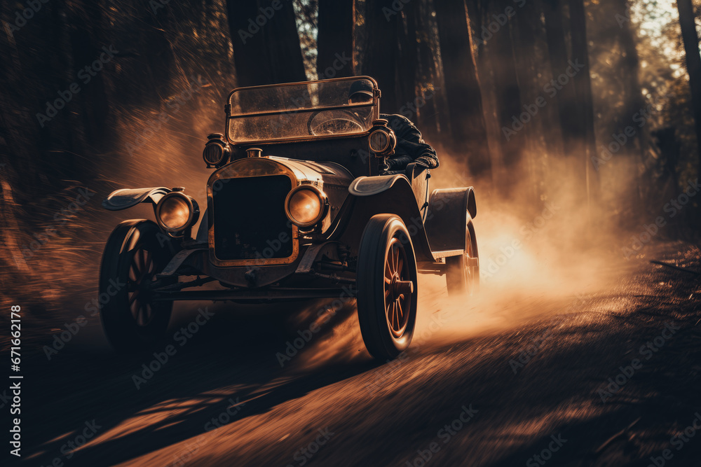 Vintage car speeding ride through a dusty forest road