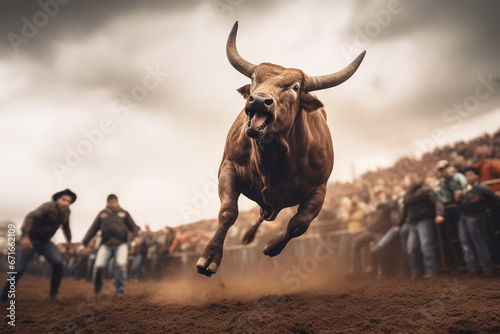 Strength and Fury, An Angry Bull Running in a Rodeo Arena photo