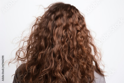 Dry, damaged brown hair on white background.