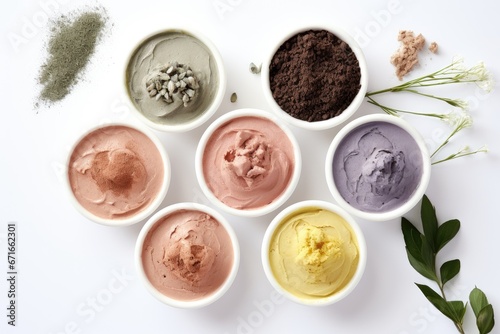 Top view of white background with clay mask and natural herbal facial cosmetic set.