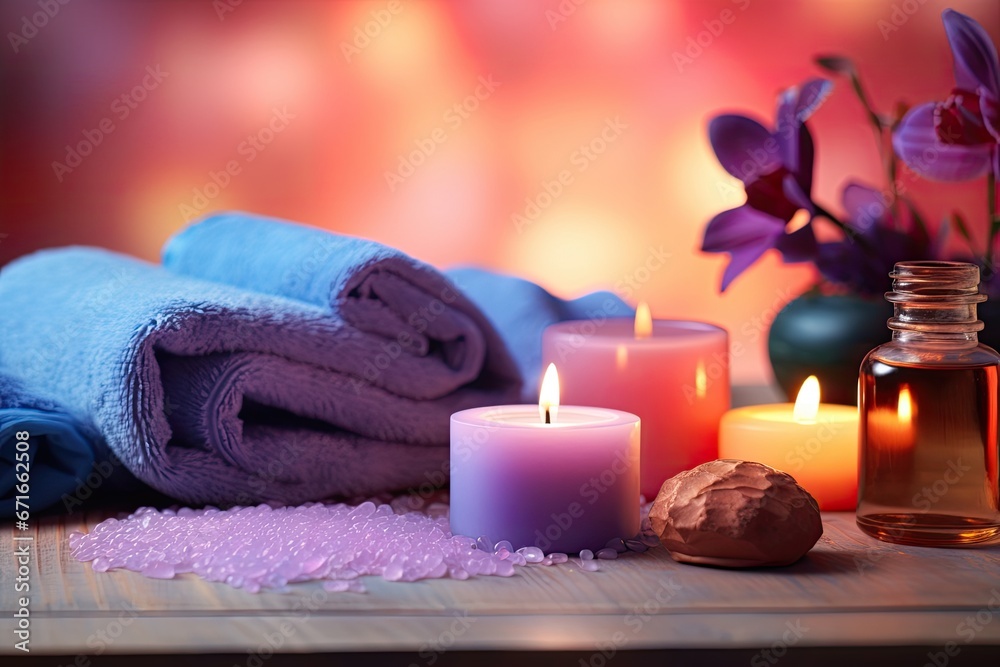 Colorful background showcasing spa treatment components on a table. Colorful background showcasing spa treatment components on a table.