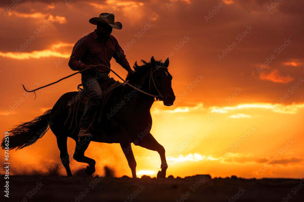 Silhouette of a cowboy riding a horse at sunset