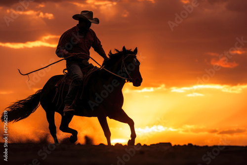 Silhouette of a cowboy riding a horse at sunset