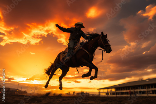 silhouette of a cowboy riding a horse in motion during a rodeo event against a sunset background