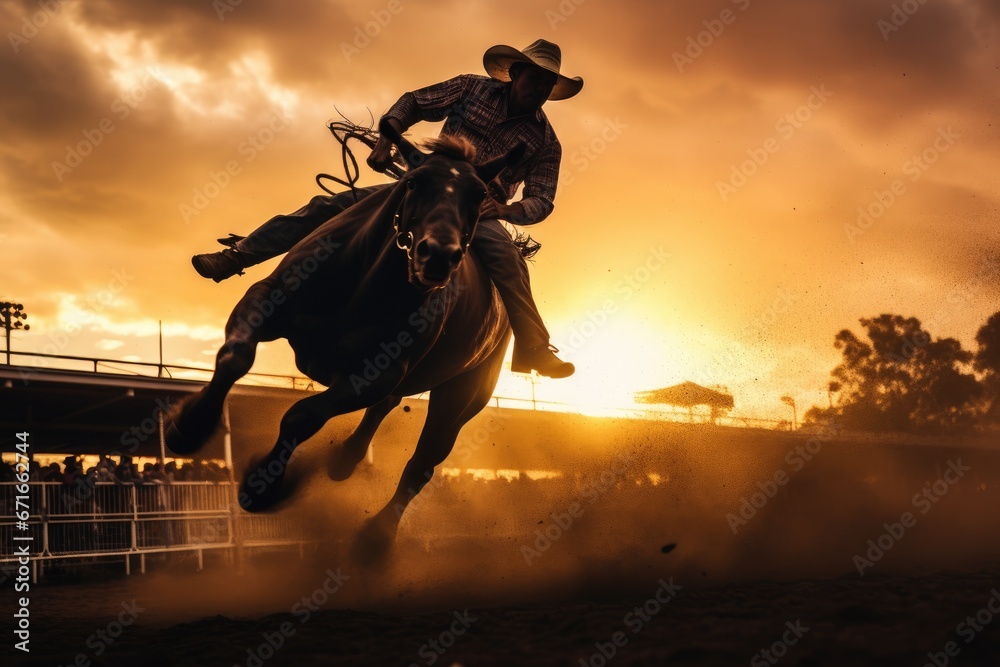 silhouette of a cowboy riding a horse in motion during a rodeo event against a sunset background