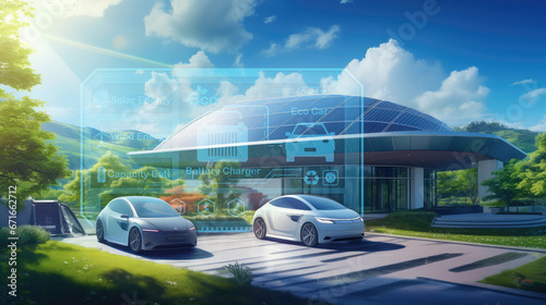 Green technology – an electric car and a solar-powered residence. Experience eco-friendly living at its finest, with zero emissions and renewable energy sources.