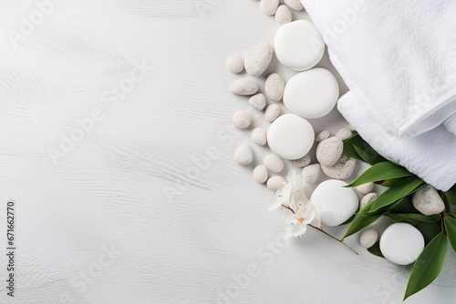 Top view of spa treatments composed of towels  stones  sea salt on a white background.
