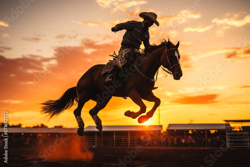 silhouette of a cowboy riding a horse in motion during a rodeo event against a sunset background